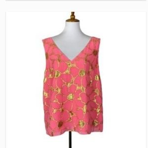 Lilly Pulitzer Cipriani V-Neck Hot Pink Gold Silk Top Sz. XL
